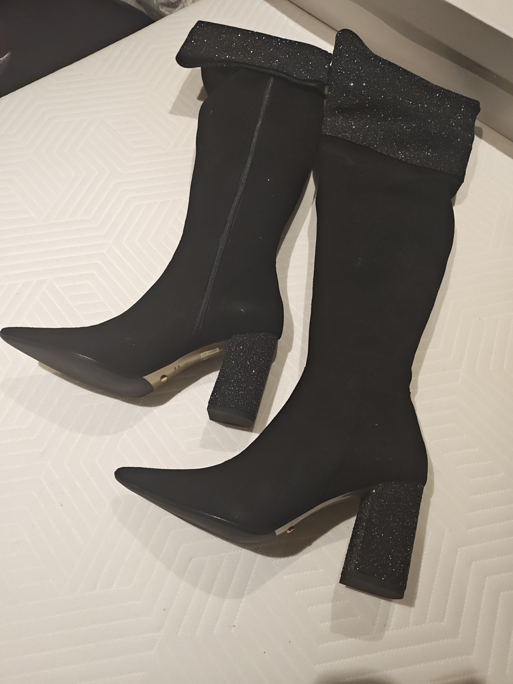 Black Glitter Cuff Over-the-Knee Block Heel Boots 39